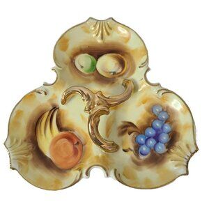 VTG Enesco Japan Yellow Hand Painted Fruit Divided Candy Nut Dish With Handle